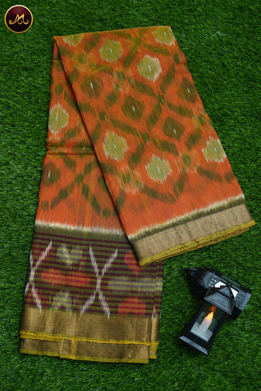 Pochampally Ikat Cotton Silk in Orange and Mehendi green Combination with Fancy Border