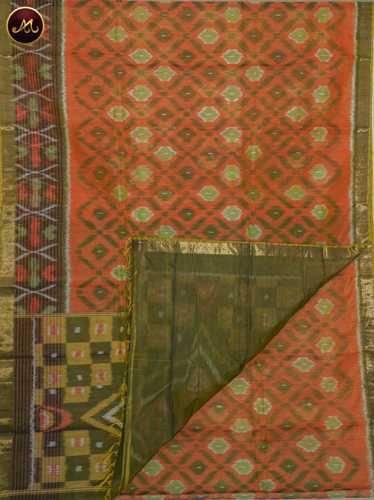 Pochampally Ikat Cotton Silk in Orange and Mehendi green Combination with Fancy Border