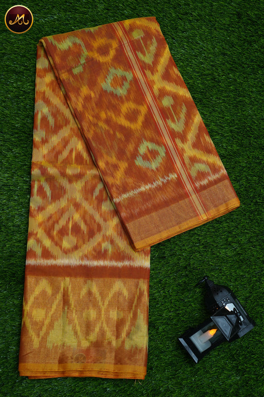 Pochampally Ikat Cotton Silk in Orange and Mustard yellow Combination with kalamkari Border