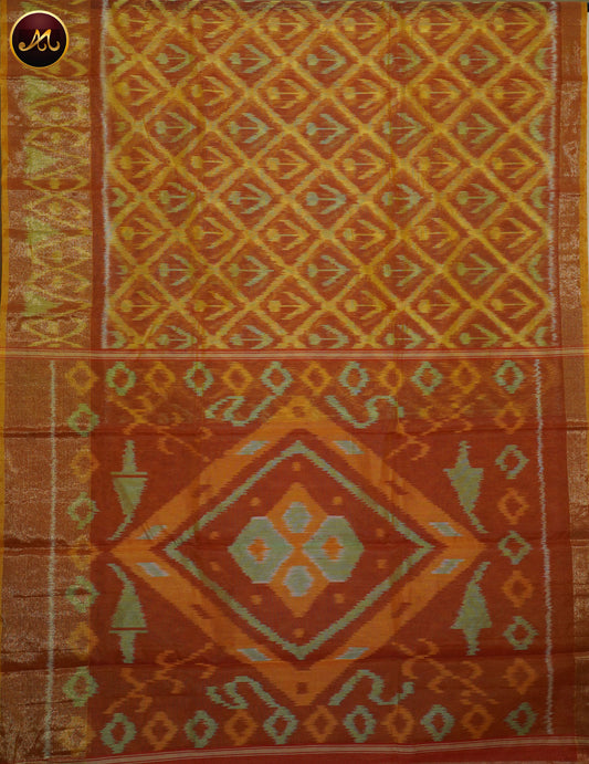 Pochampally Ikat Cotton Silk in Orange and Mustard yellow Combination with kalamkari Border